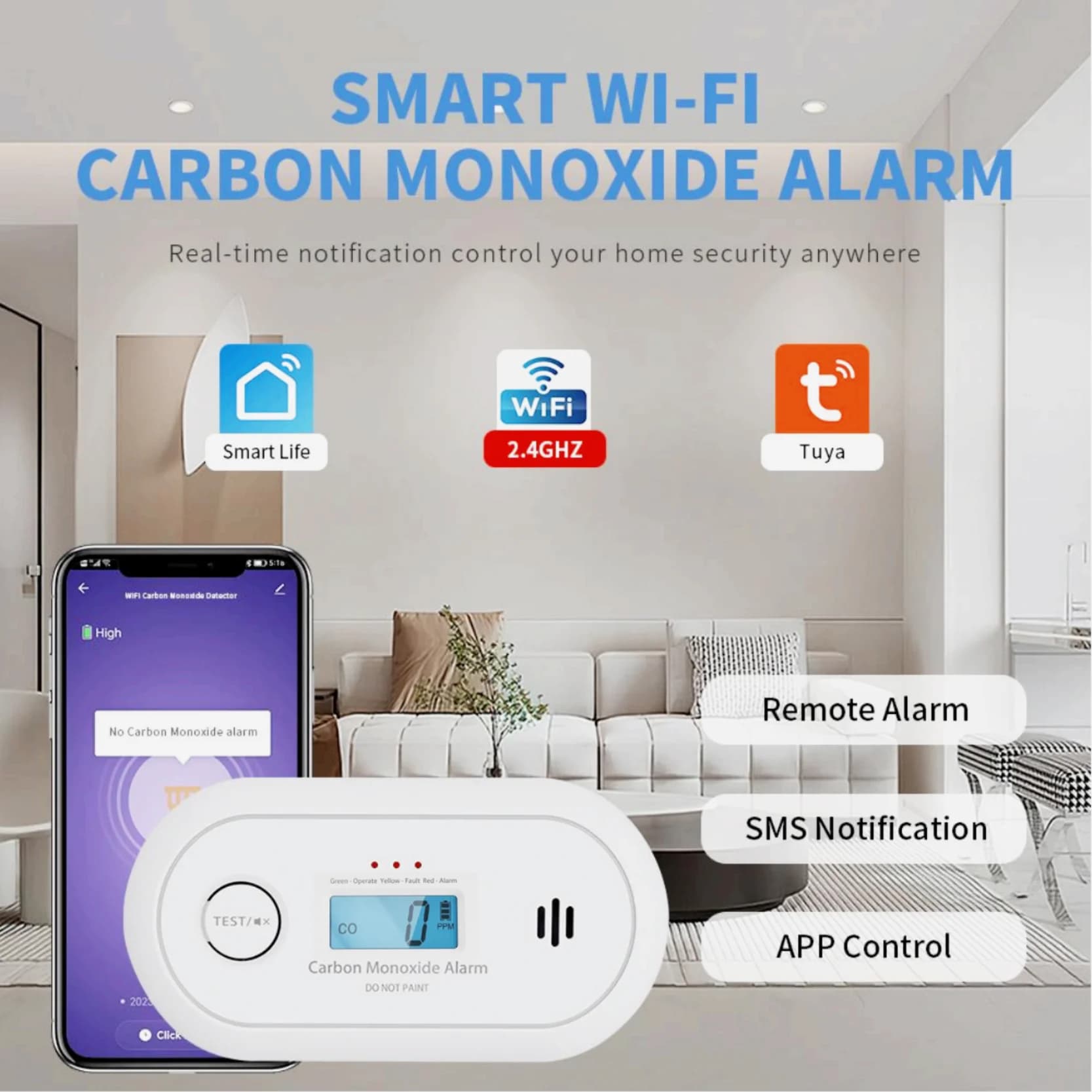 Carbon Monoxide Detector with Tuya Smart App, WiFi 2.4GHz, long-life Li-Battery DC3.0V, EN50291-1:2018