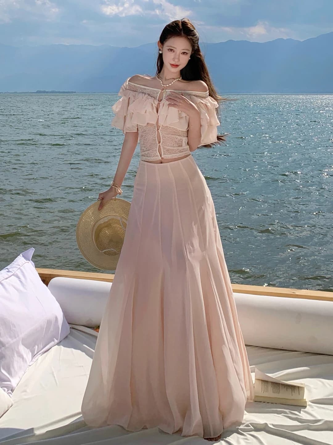 Beach Vacation Off-Shoulder Waist-Cutout Water Pink Lace Trim Slimming Top Half-Skirt Two-Piece Set Women's Summer Fashion