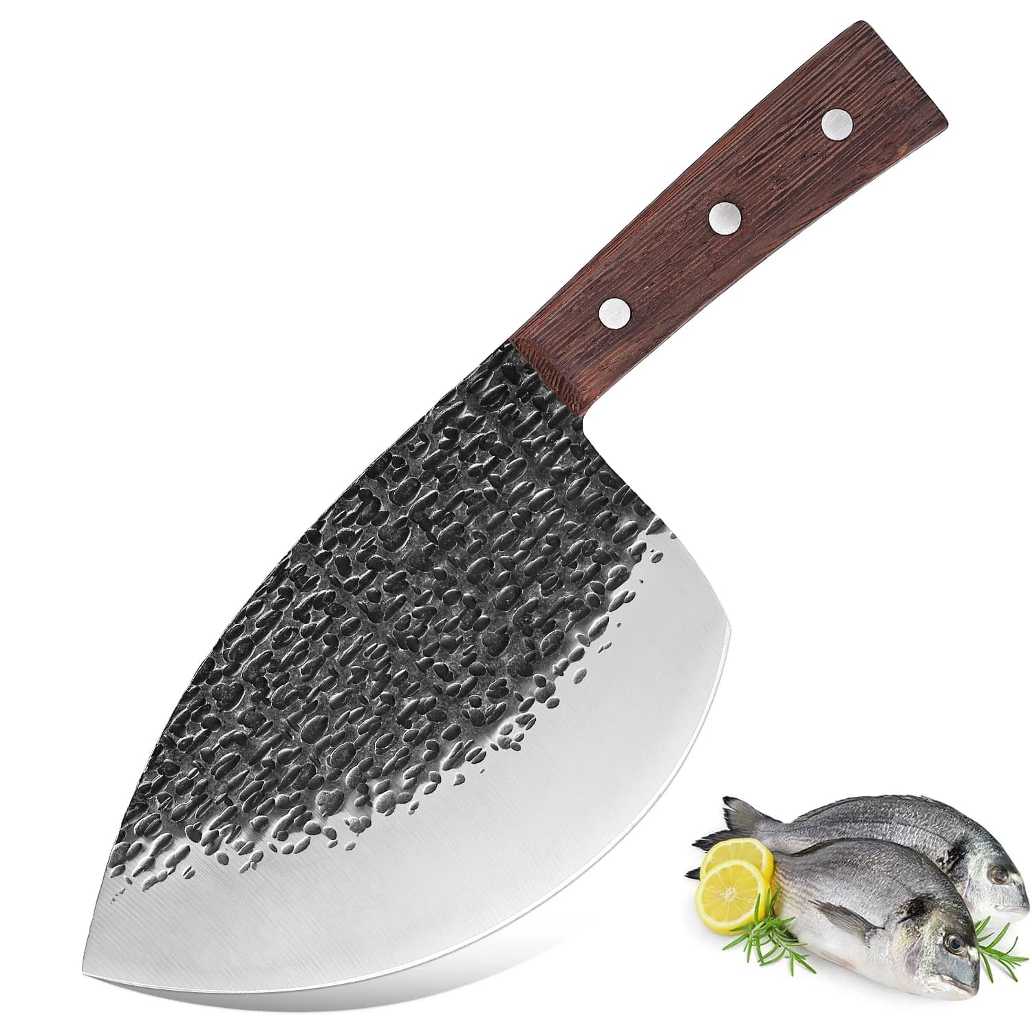 Coltello da Chef Serbo Forgiato a Mano, Coltello da Cucina Full Tang in Acciaio ad Alto Tenore di Carbonio, Manico Ergonomico, Coltello da Macellaio, Coltello da Pesce a Testa Tonda