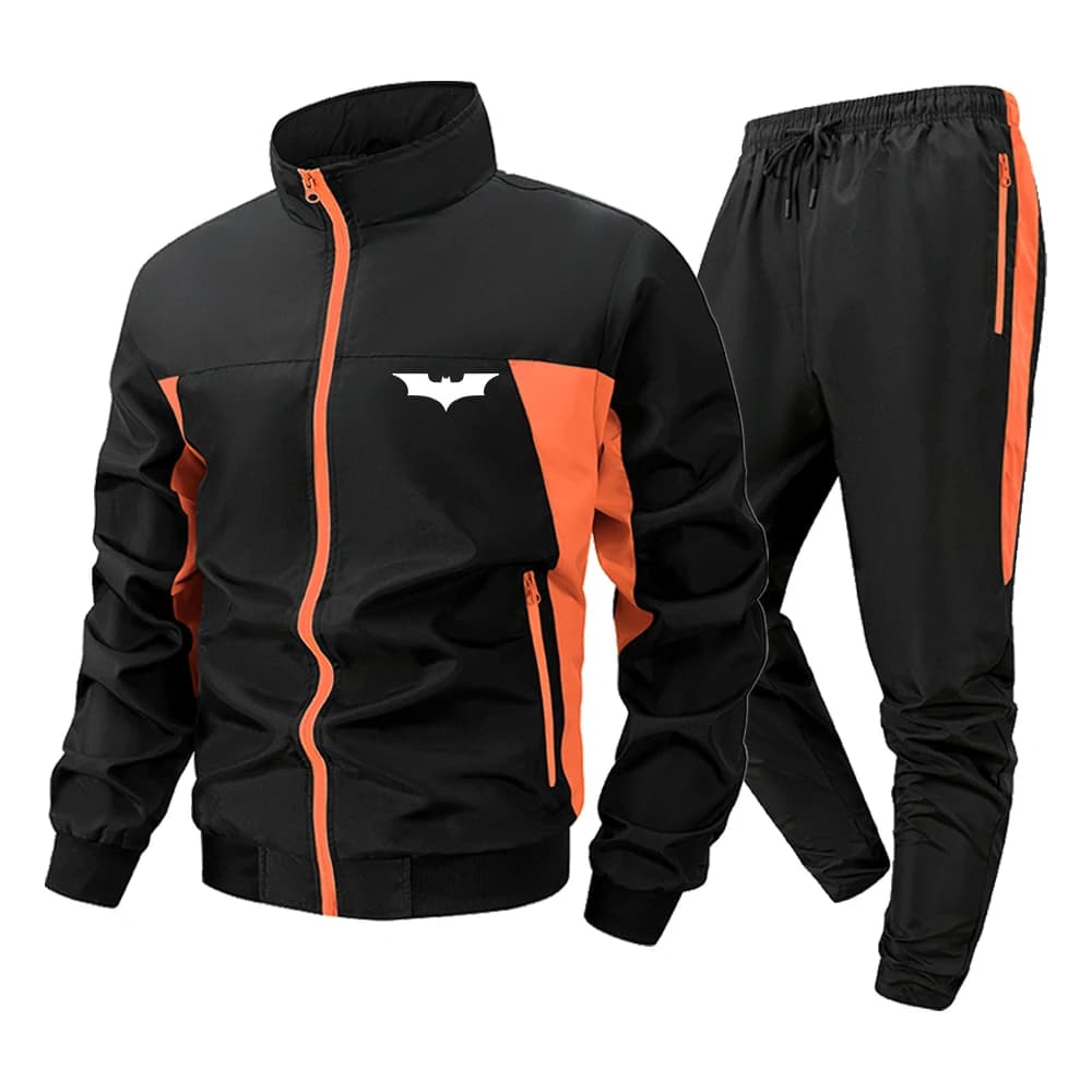Men's Bat Logo Print Tracksuit Neon Green Colorblock Sports Set Y2K Streetwear Black Windbreaker Jacket and Jogger Pants 2 Piece