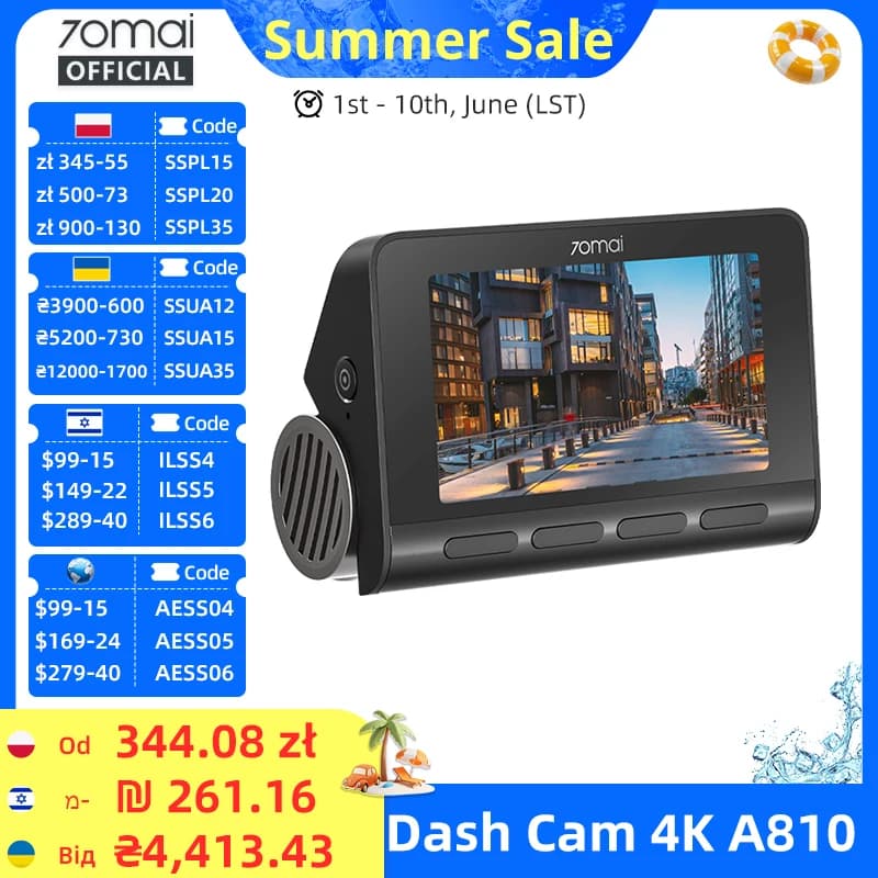 Dash Cam 70mai A810 4K HDR with integrated GPS, ADAS, Monitoring Parking 24H, 4G compatible, DVR for Auto 70mai A810
