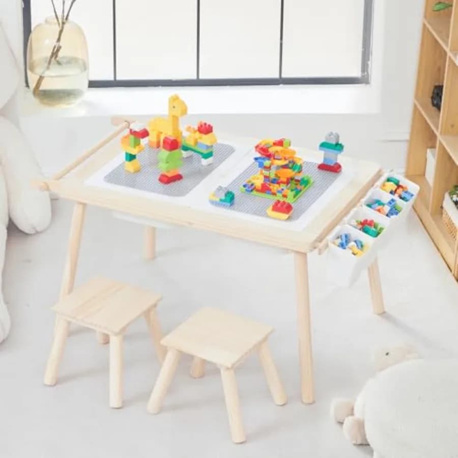 Set Tavolo e Sedia Sensoriale 5-in-1 in Legno per Giochi con Sabbia e Acqua, Blocchi da Costruzione, Studio, Pranzo e Giocattoli con Contenitore - Regali per Bambini e Bambine