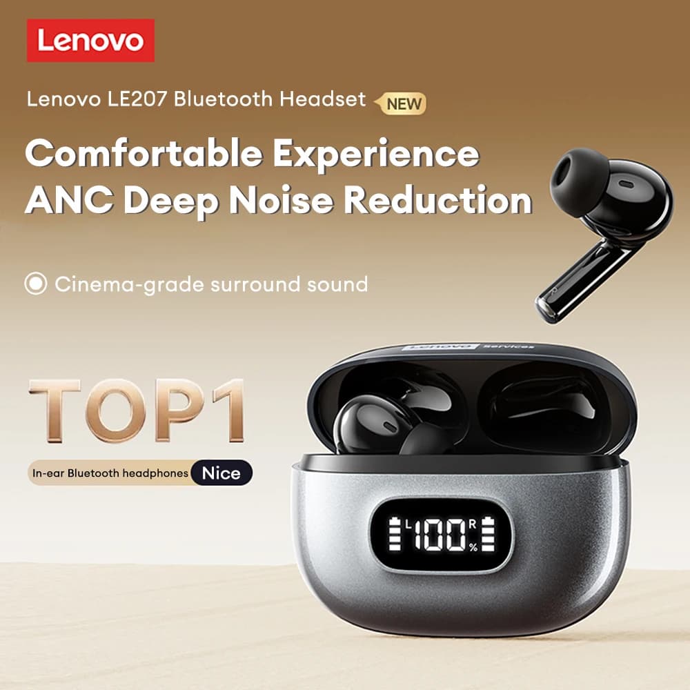 Cuffie wireless Lenovo LE207 ANC con display digitale a LED, auricolari TWS Bluetooth 6.0 a bassa latenza, audio Hi-Fi per giochi e viaggi