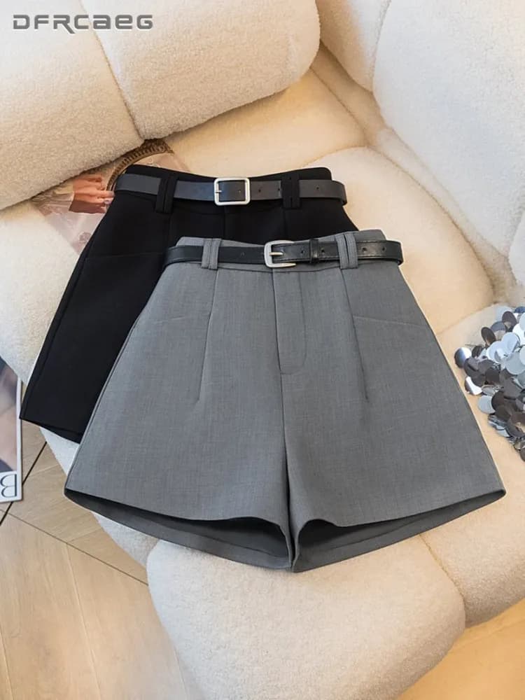 Grey wide leg casual shorts spring autumn with high waist belt OL short pants in fabric with boots