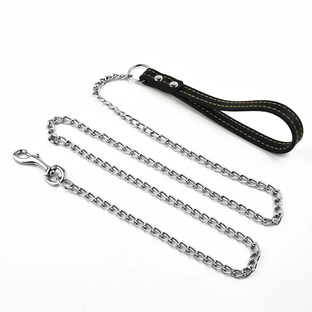 Guinzaglio per Cani Robusto con Catena Metallica da 120 cm e Maniglia in Pelle - Accessori per Animali Domestici, Collari e Pettorine