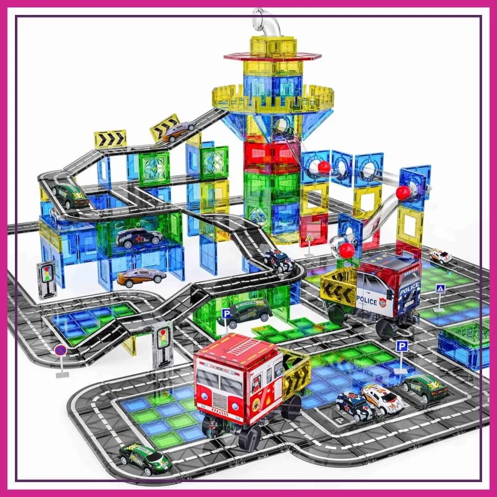 Set di 150 Piastrelle Magnetiche con Pista per Biglie, Giocattoli Educativi STEM per Bambini e Bambine, Auto con Piastrelle Magnetiche per l'Educazione Prescolare
