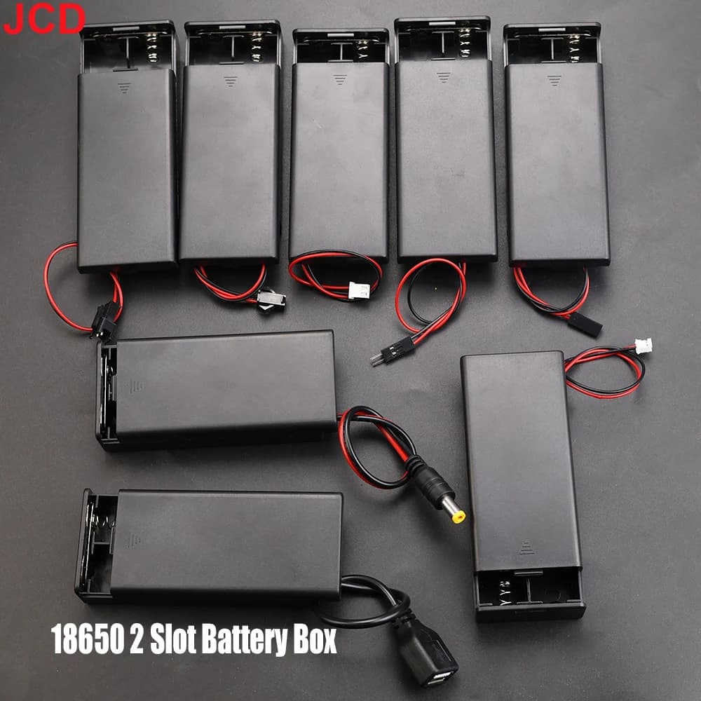 Portabatterie JCD 18650 a 2 Slot in Serie con Coperchio, Interruttore e Connettori PH2.0/XH2.54/SM/Jumper Maschio/Femmina/DC5521/USB