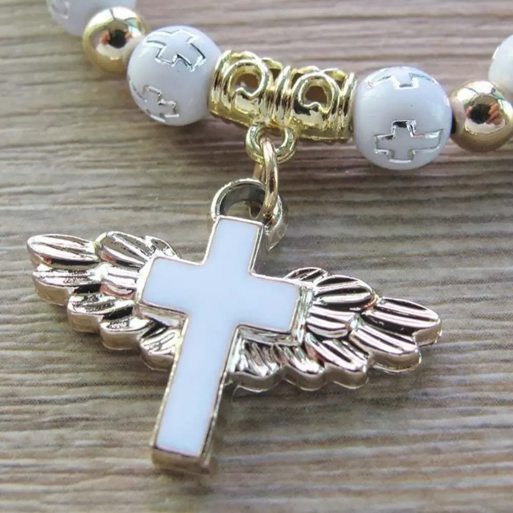 Exquisite Acrylic Angel Wing Cross Bracelet Kids First Communion Christening Jewelry Angel Rosary Bracelets Fashion Bead Chain