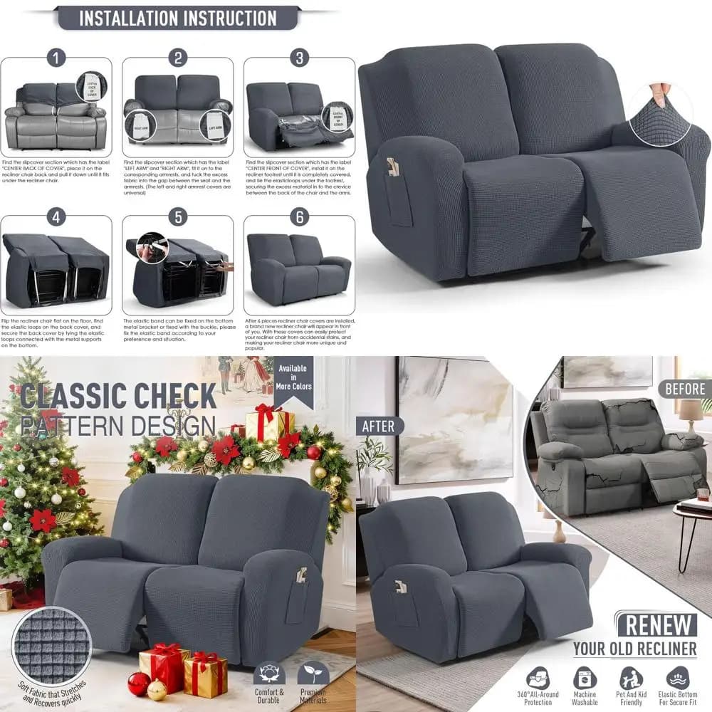 Two Posts Reclining Sofa Cover Set, 6 Pieces, Elasticized (Grigio)