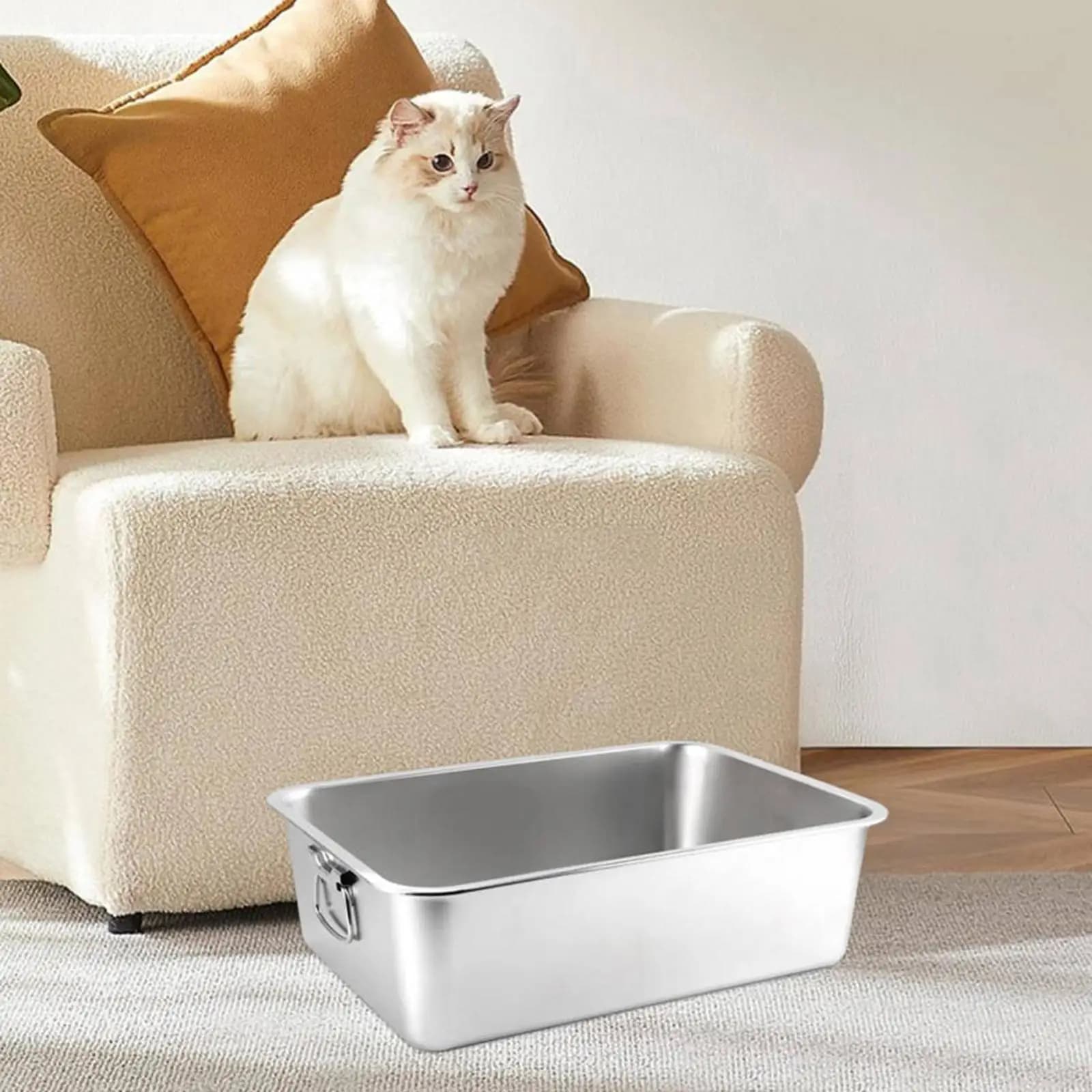 Durable Stainless Steel Cat Toilet Open Top Litter Pan Anti Scatter Rectangle Corner Fit Easy Clean for Rabbits and Cats