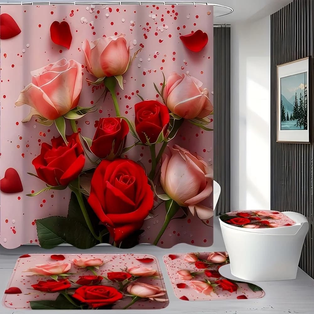 4pcs Rose Bouquet Pattern Shower Curtain, Shower Curtain Set, Shower Curtain with 12 Hooks, Non Slip Floor Mat, Toilet U-shaped Pad, Toilet Lid Pad, Room Decoration, Bathroom Accessory Set, Bathroom Decoration 71x71 Inches