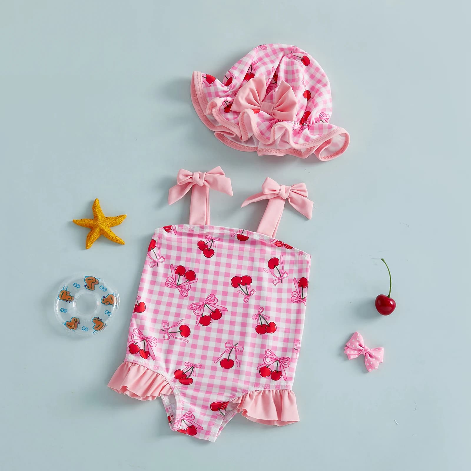 Summer swimsuits for girls with strawberries / bow / cherry print, sleeveless, with laces on the shoulders and bath hood