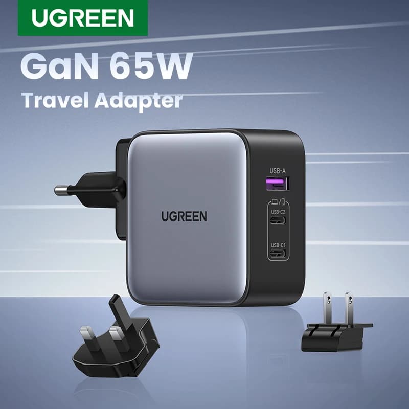 UGREEN GaN 65W Travel Adapter All-in-one Travel Charger with 1 USB Ports and 2 Type C Wall Charger for US EU UK Travel