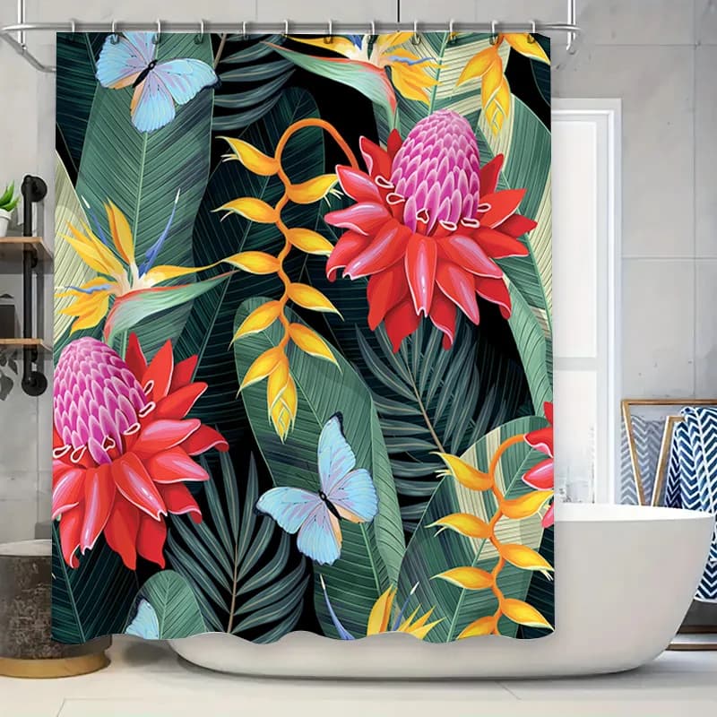 Tenda da doccia floreale brillante Rosa Rosso Giallo Blu Farfalla Verde Foglie Nastri decorativi lavabili per tappetino da bagno in poliestere per la casa B
