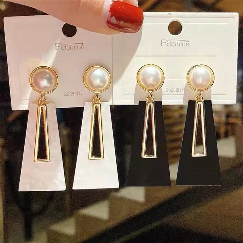 Orecchini Pendenti Trapezoidali Bianchi e Neri da Donna, Orecchini Geometrici Vuoti, Gioielli per Orecchie in Stile Coreano alla Moda per Ragazze