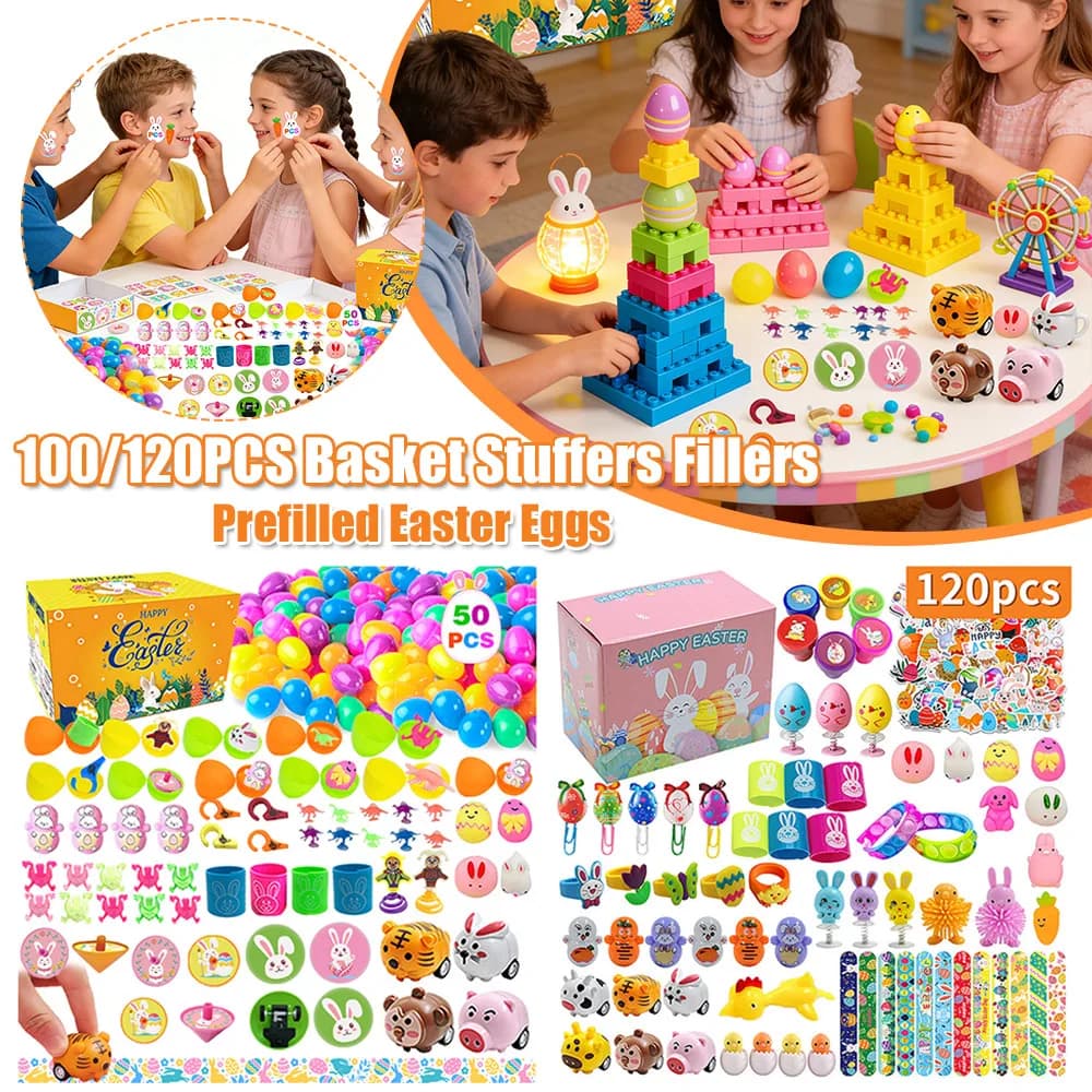 100/120PCS Basket Stuffers Fillers Prefilled Easter Eggs Theme Party Favor with Mini Novelty Dolls for Kids Girls Boys