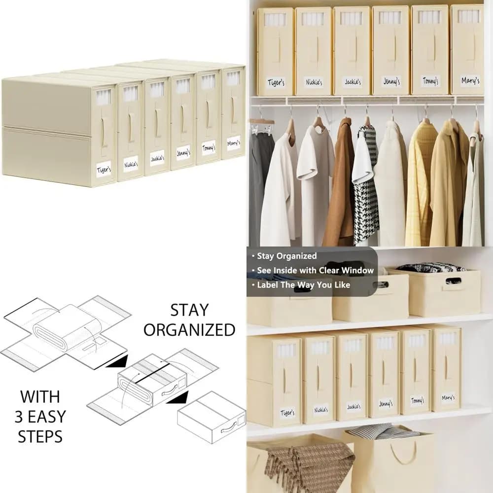 6-piece folding linen organizers with window and labels, premium storage solutions for sheet for efficient cabinet space