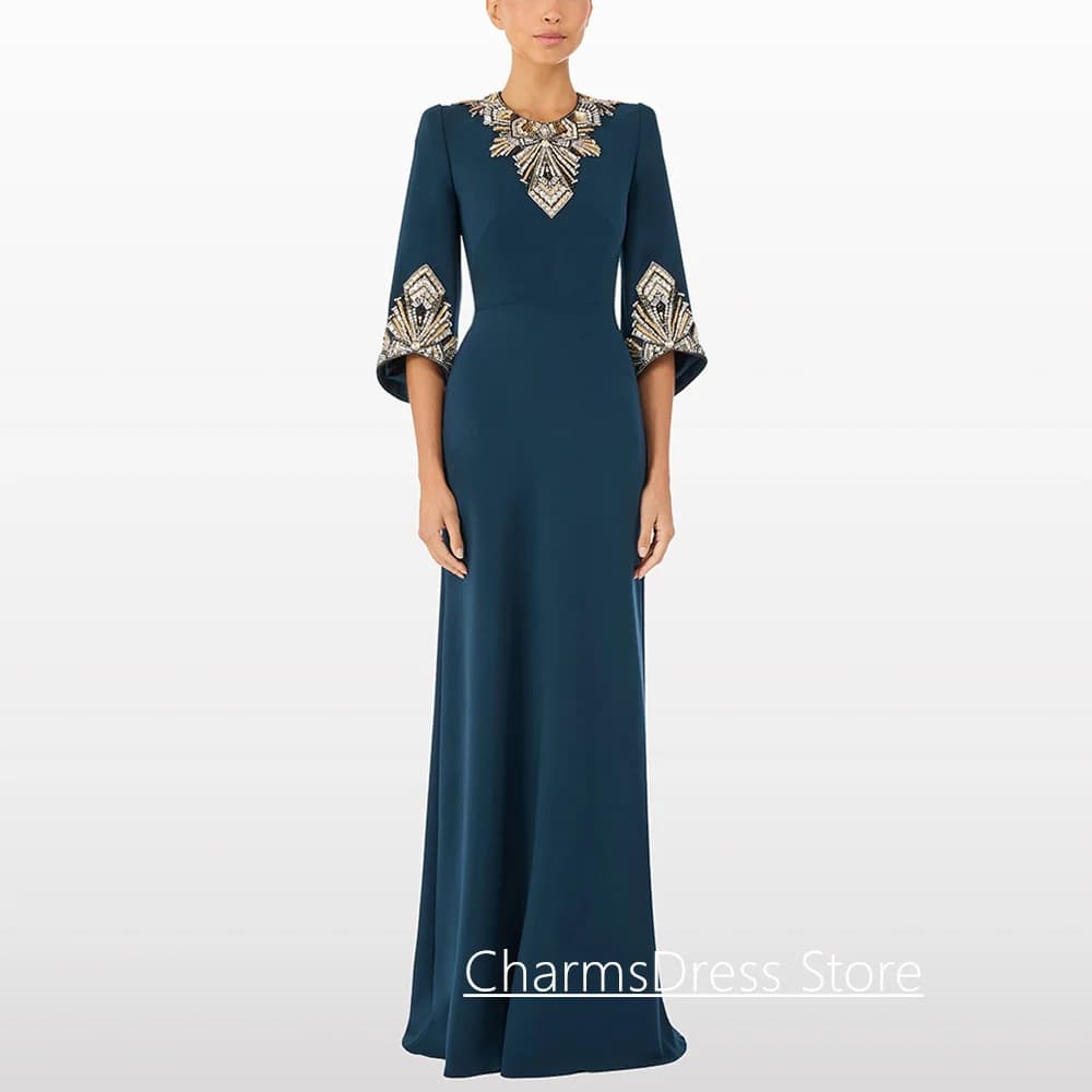 Luxury Evening Dress Customized Round Neck 3/4 Sleeves Beading Rhinestone Sweep Train Mermaid Party Gown Saudi Prom Dresses