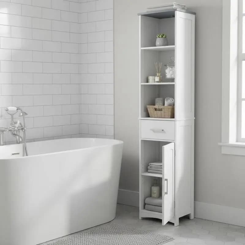 Mobiletto Alto da Bagno con 3 Ripiani, Armadio, Cassetto, Anta, Torre Portabiancheria Autoportante, Organizer Laterale Sottile, Bianco
