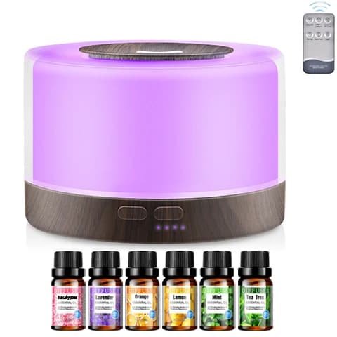 Elegante Set Diffusore Effetto Legno - Umidificatore a Nebbia Fredda da 500ml con Telecomando, 7 Colori LED e 6 Oli Essenziali