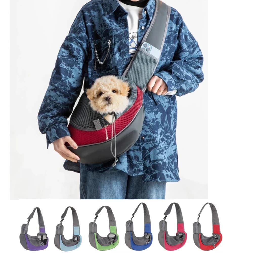 Borsa a tracolla per cani da viaggio all'aperto con imbracatura per cuccioli di animale domestico, rete per rete in nylon, imbracatura singola comfort, portatile, comoda e traspirante