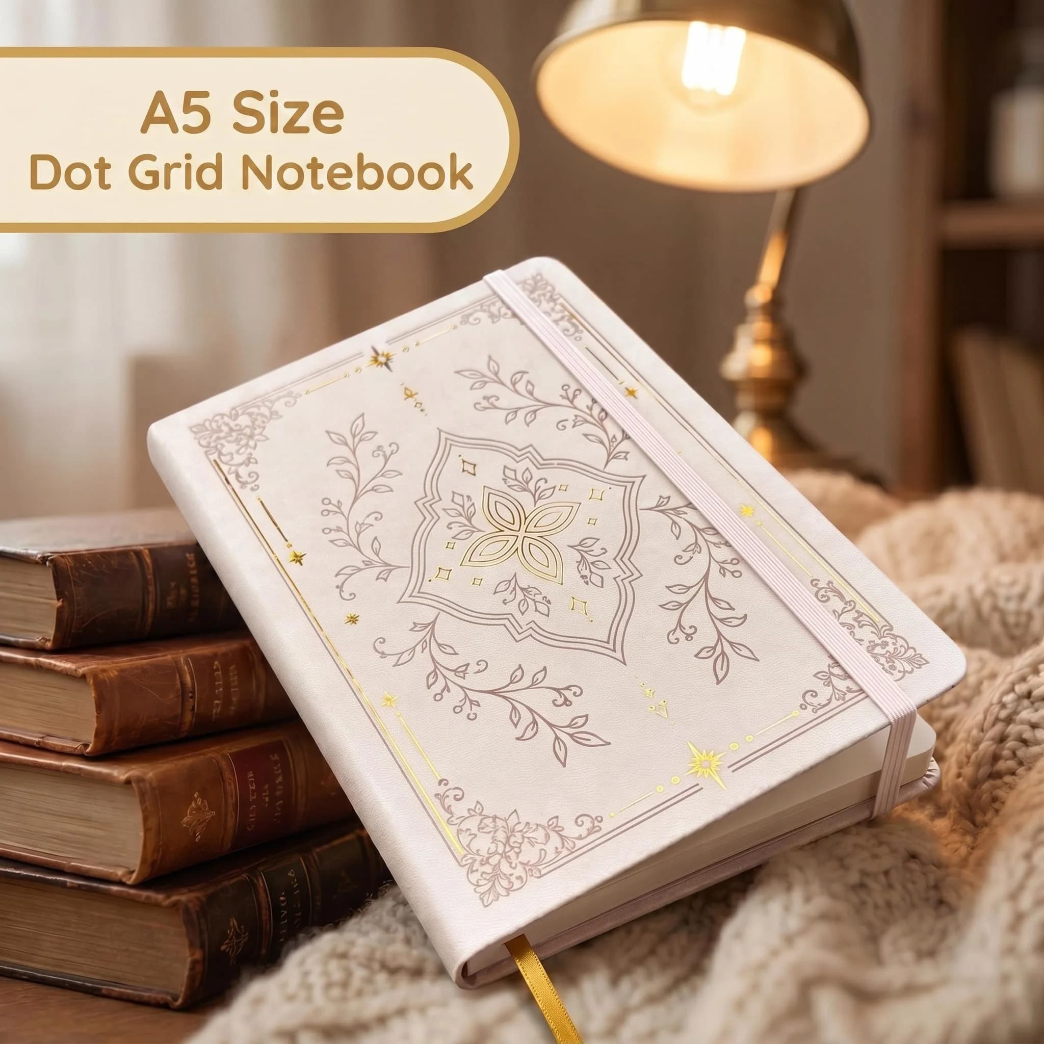 A5 Dot Grid Notebook Gold Foil Floral PU Leather Hardcover Journal 160gsm Ivory Numbered Pages Elastic Band Lay Flat