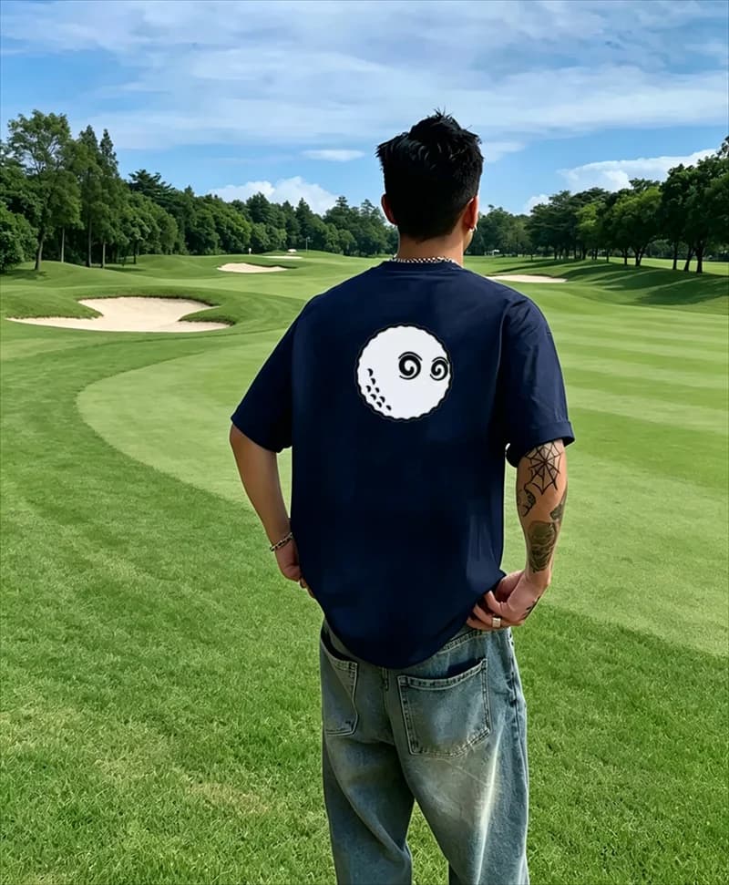 T-shirt da golf da uomo con stampa di palline da golf a cartoni animati, blu navy, casual, per il campo da golf, abbigliamento da golf