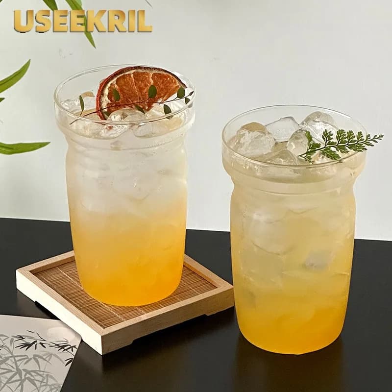 Tazza di vetro trasparente creativa, tazze di vetro da birra con pinta a bocca inversa, tazza ghiacciata americana, tazze di vetro da cocktail, strumenti per bicchieri di succo