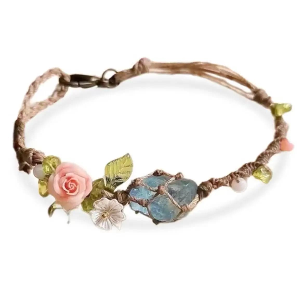 Natural Rose Quartz Aquamarine Stone Beaded Handmade Bracelet Macrame Crystal Net Wrap Adjustable Rope Unisex Friendship Gift