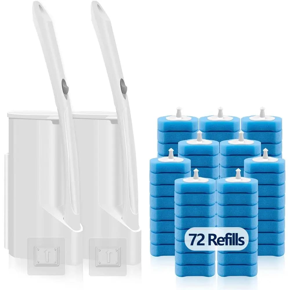 Toilet brush and disposable support, WC cleaning system with 2 wands, 2 containers and 72 refills