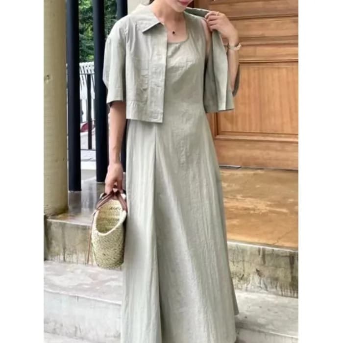 Korean Chic Color Sleeveless Vest Dress Shirt Jacket Two Piece Set Women's Fashion Summer Autumn Casual Loose Fit