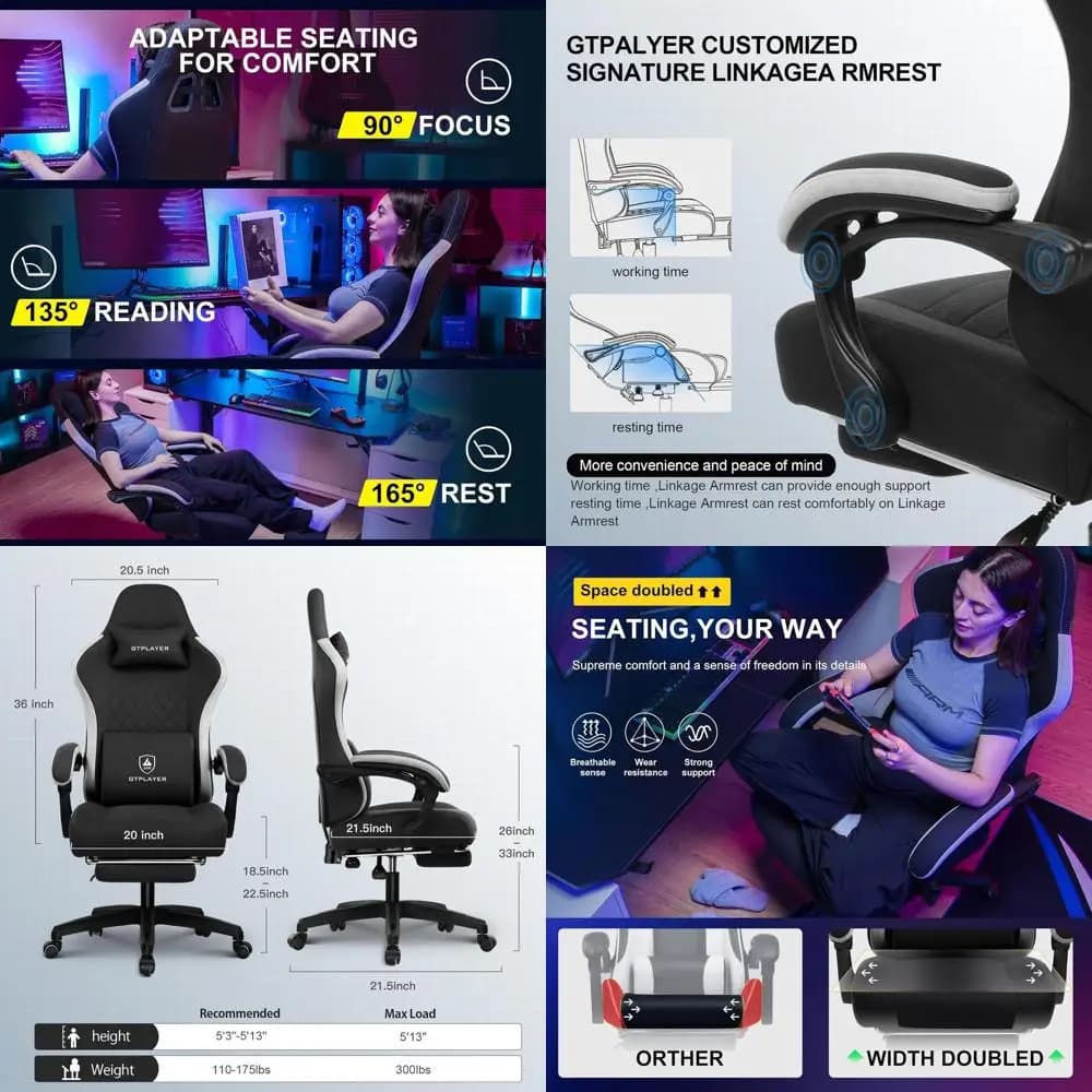 Sedia da Gaming Ergonomica con Schienale Alto, Cuscino a Molla, Braccioli Regolabili e Poggiapiedi (Nero)