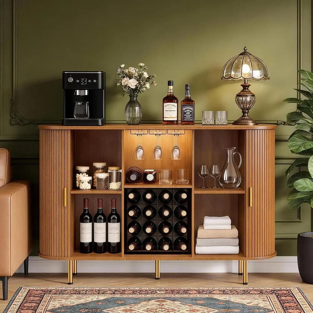 55 Storage Wine Bar Cabinet with Liquor, Coffee Bar, Wine Rack, and Glass Holder for Home Kitchen, Dining, Living Room - Yellow