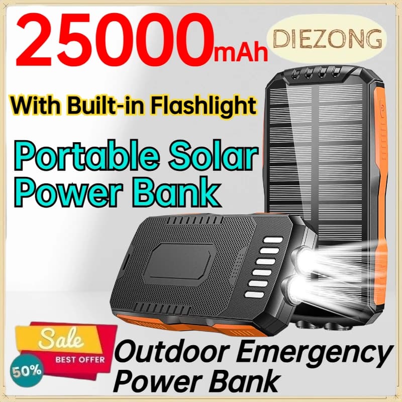 25000mAh Portable Solar Power Bank for IPhone Android Phone Outdoor Emergency Power Bank with Built‑in Flashlight
