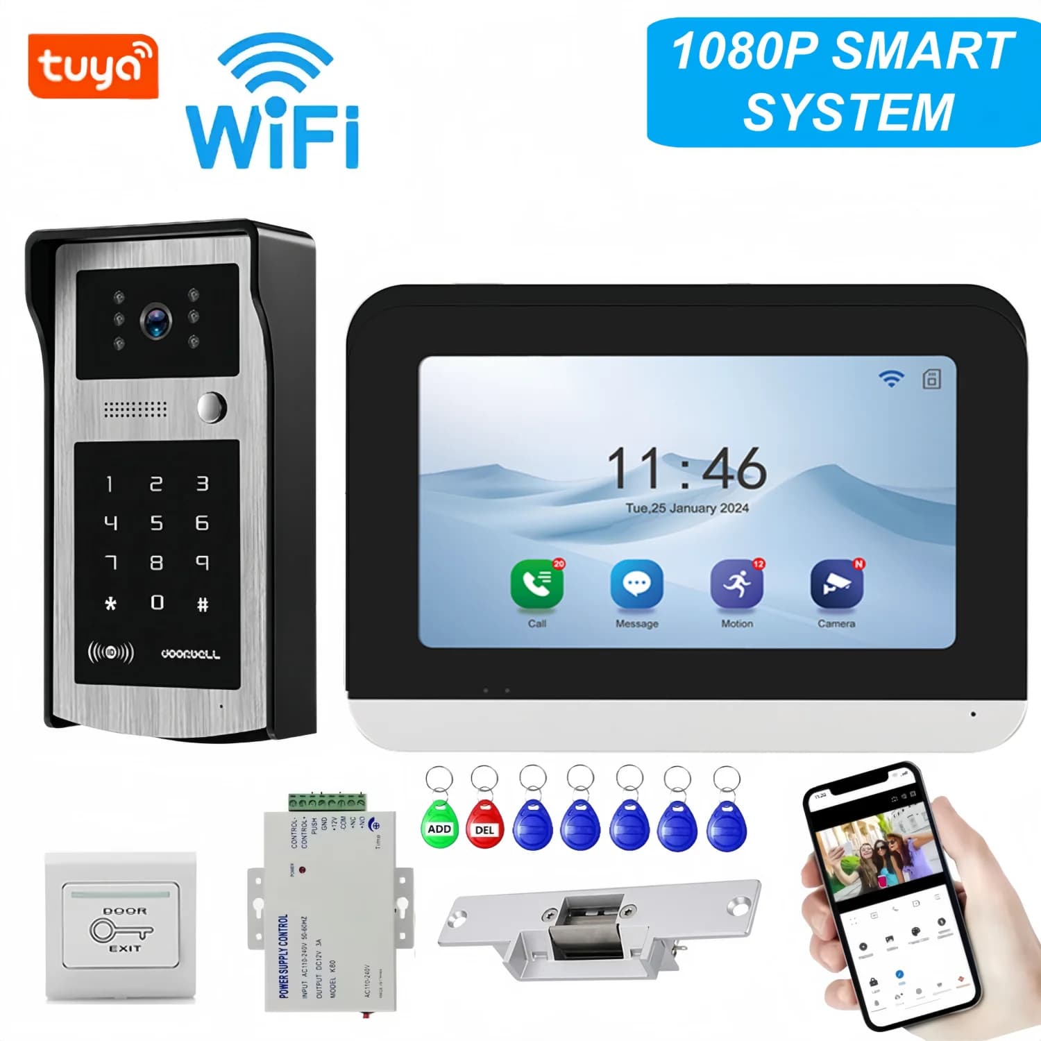 Sistema Videocitofonico WIFI TUYA per Casa e Appartamento, Videocitofono Intelligente Wireless da 7" con RFID, Scheda SD e Rilevamento di Movimento con Allarme
