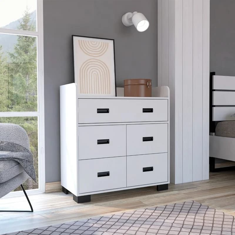 Alyn Dresser with 4 Legs, 4 Drawers, 1 Double Drawer, Premium White Finish