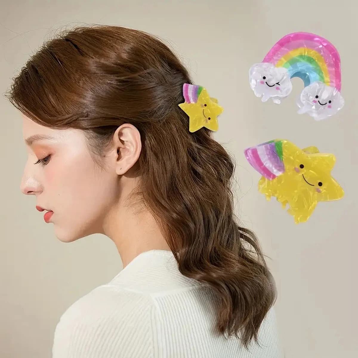 1Pcs Sweet Rainbow Star Hair Clip for Back of Head, Ponytail Clips, Cute Cartoon Shark Clip, Fashion Hair Accessories
