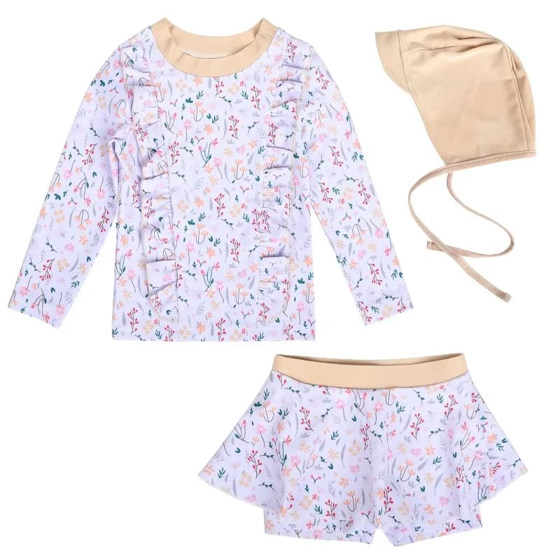 2026 Children's Swimsuit Girls Split Sunshade Long-sleeved Baby Sunscreen Quick-drying Swimsuit Floral Swimwear Set 2-9T