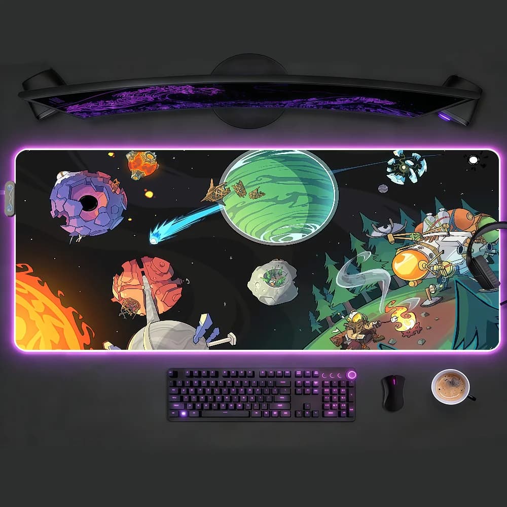 Tappetino per mouse Outer Wilds, impermeabile, con luce LED RGB, tastiera da gioco colorata, copertura antiscivolo, superficie per tappetino da scrivania