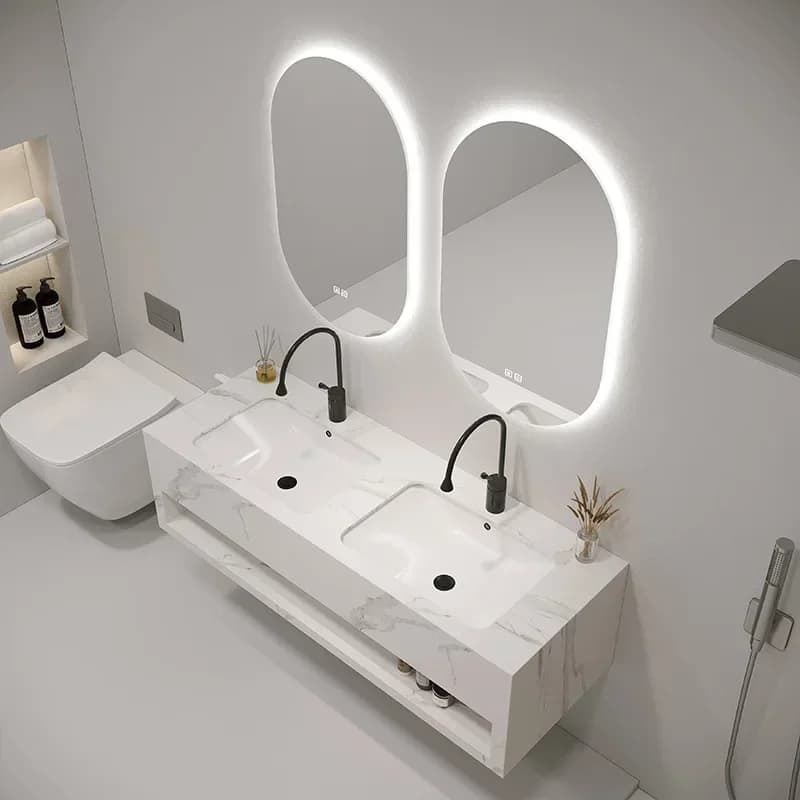 Mobiletto da bagno moderno e minimalista in ardesia con specchio intelligente, doppio lavabo, mobiletto da bagno con lavabo