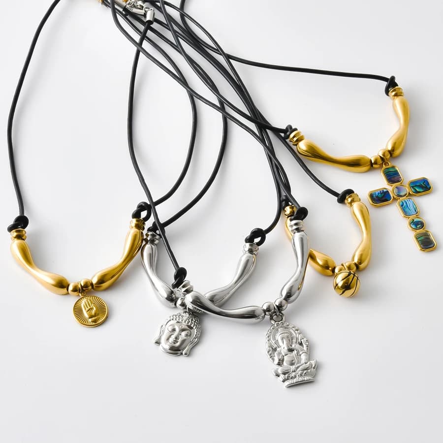 Bohemian Black Leather Cord Necklace Stainless Steel Buddha Head Cross Pendant Retro Adjustable Rope Choker Street Accessories