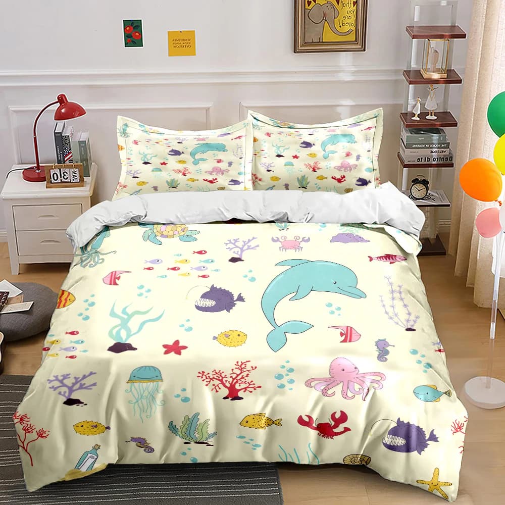 Set di Biancheria da Letto con Stampa di Motivi Marini Cartoon, 3 Pezzi: 1 Copripiumino e 2 Federe per Adulti e Bambini, Regalo di Lusso, Misura Completa