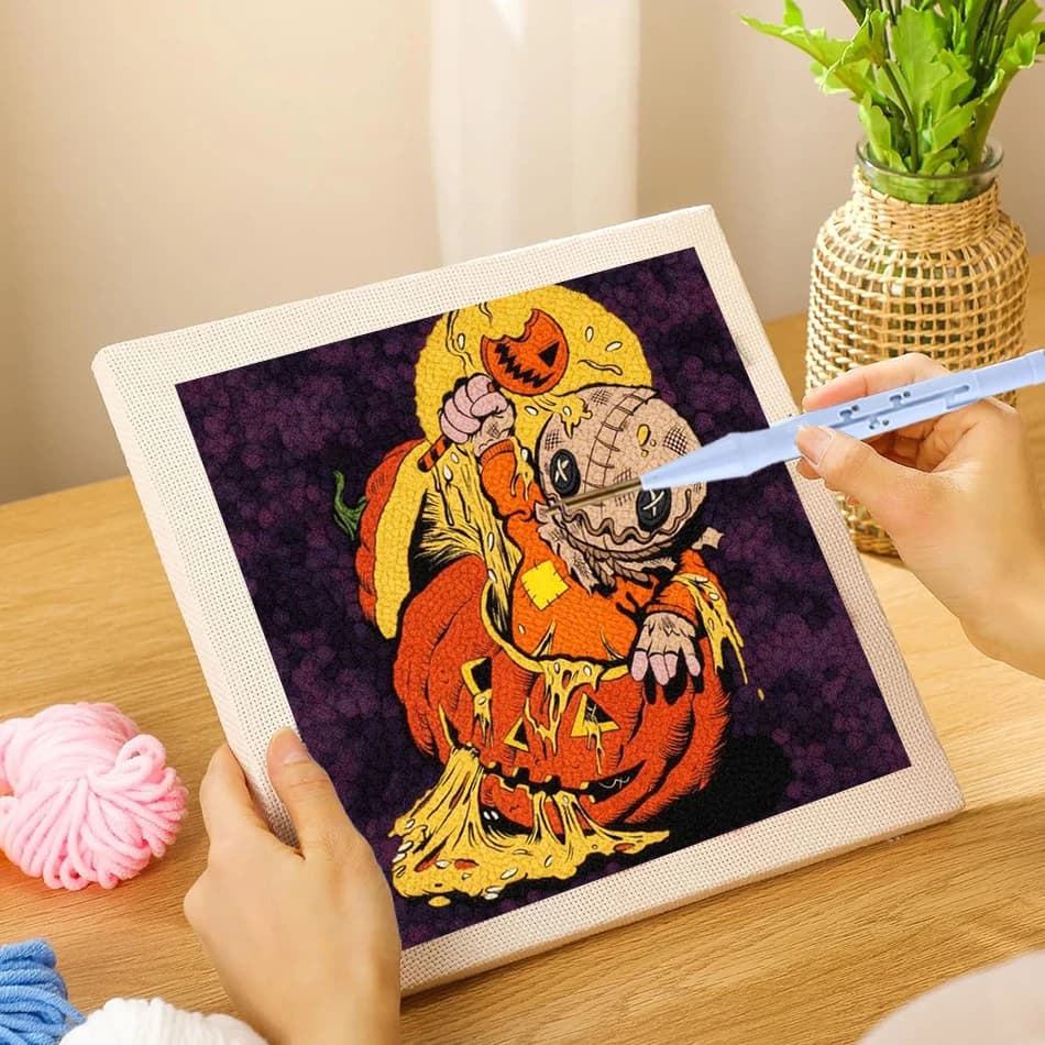 Punch Needle Kit Scarecrow Pumpkin Cross Stitch Diy Embroidery Frame Crafts For Adults Diy Gift Spooky Halloween Home Decor