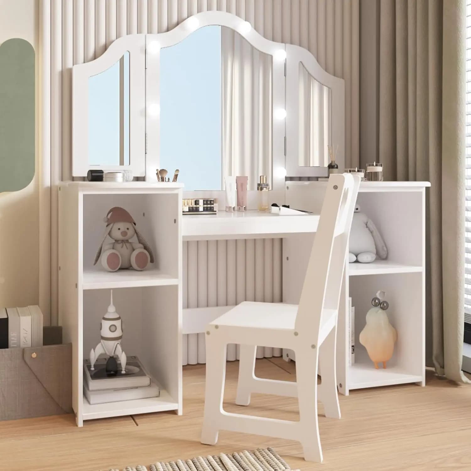 Set Tavolo e Sedia da Trucco per Bambine con Luci, Toeletta da Principessa con Specchio Regolabile e Sgabello Imbottito