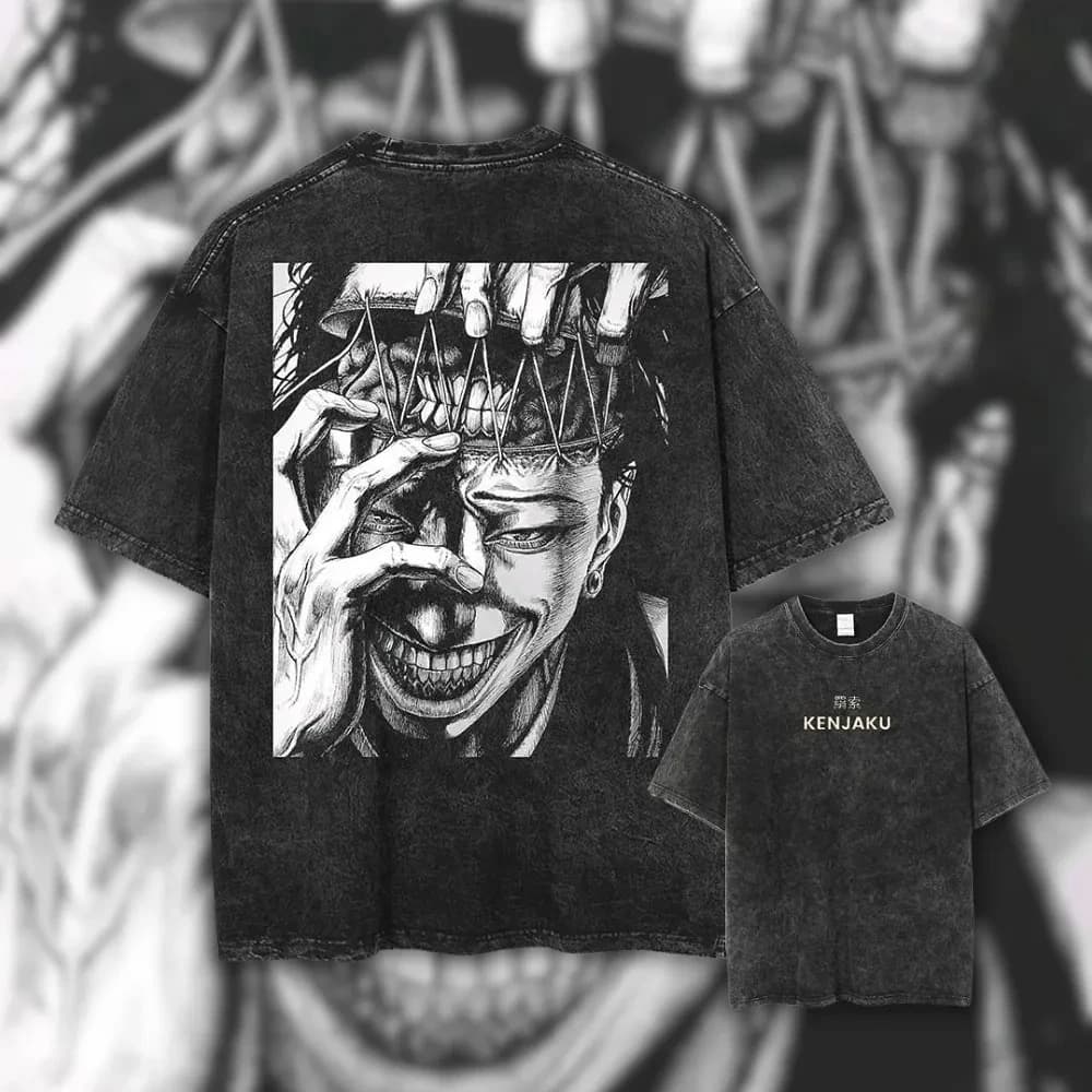 T-Shirt Kenjaku Jujutsu Kaisen da Uomo, Stile Vintage Acid Wash, Grafica Anime Brain Geto Suguru, Streetwear Oversize Harajuku in Cotone