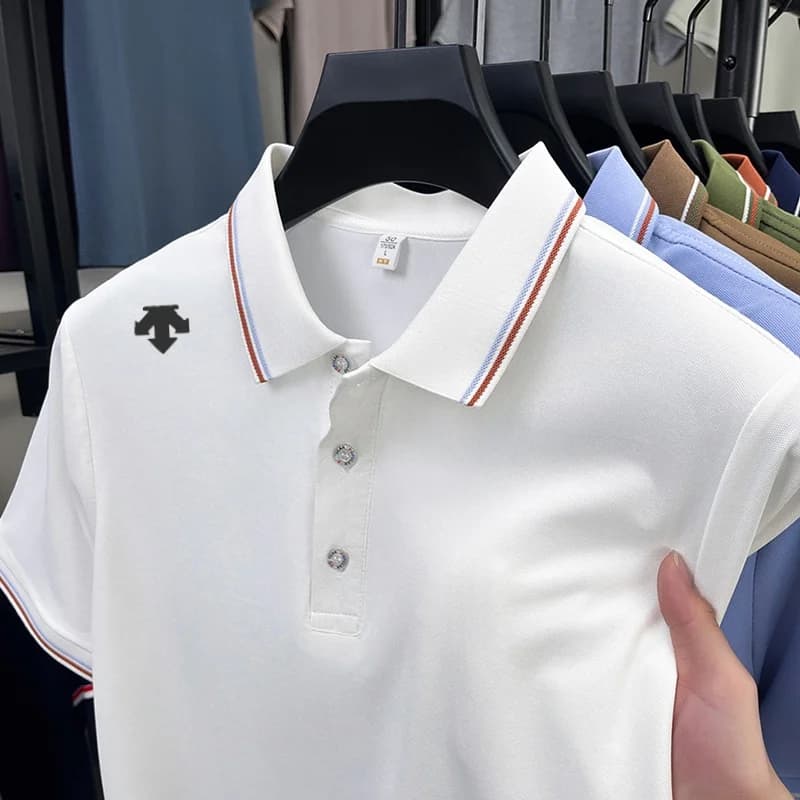 Polo da uomo in seta ghiaccio, nuova collezione estiva, ad asciugatura rapida, traspirante, versatile, elegante, casual business, da golf, a maniche corte, con stampa offset