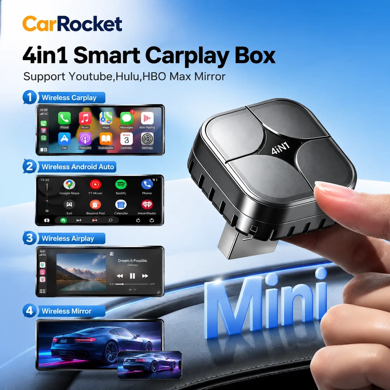 2026 CarRocke 4in1 New e Carplay Adapter Wireless Android Auto Mirror Link Smart MiNi AI Box USB Plug and Play Auto Connect WiFi