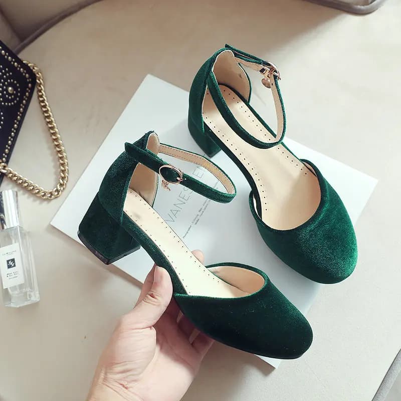 Velluto Velluto Verde Borgogna Punta chiusa Donna Estate Mary Janes Scarpe di grandi dimensioni 50 51 52 53 54 Sandali con tacco grosso quadrato