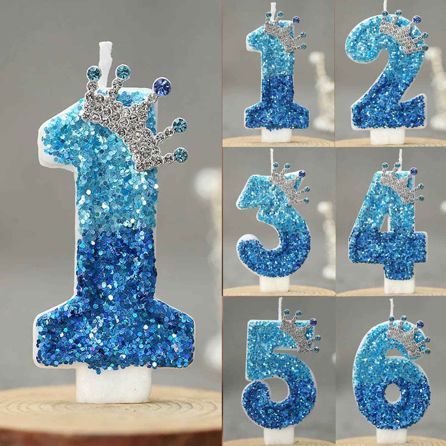 Glitter Blue Number Birthday Candles with Crown Cake Topper Ombre Decoration for Kids Prince Birthday Party Supplies