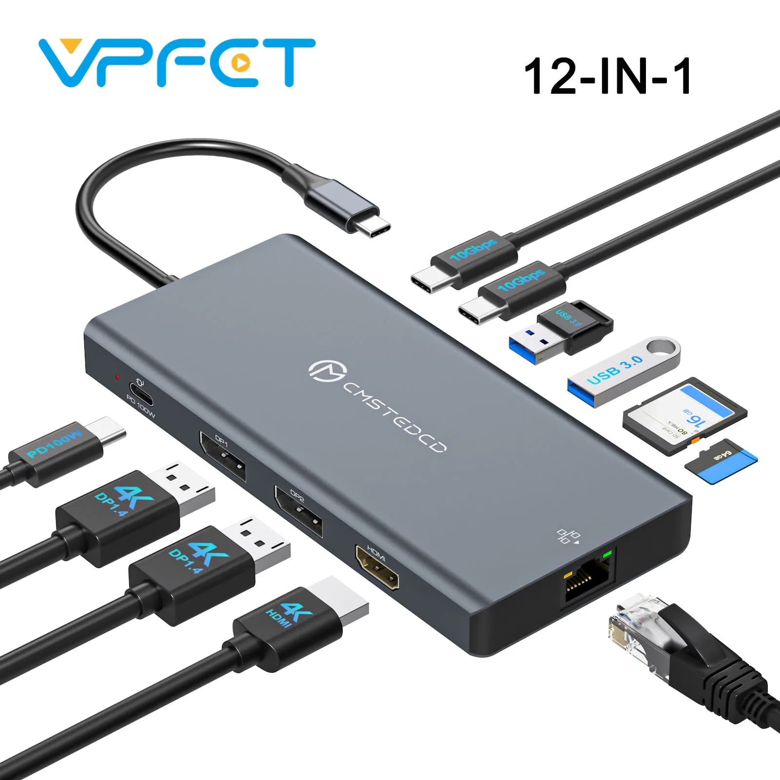 Docking station USB C 12 in 1 DP 4K@120Hz HDMI 4K@60Hz Tripli monitor Supporto PD 100W USB 3.2 SD TF Ethernet con Windows Mac